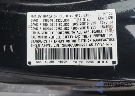 2004 Honda Cr-V Ex from USA, damaged, VIN SHSRD78884U221148